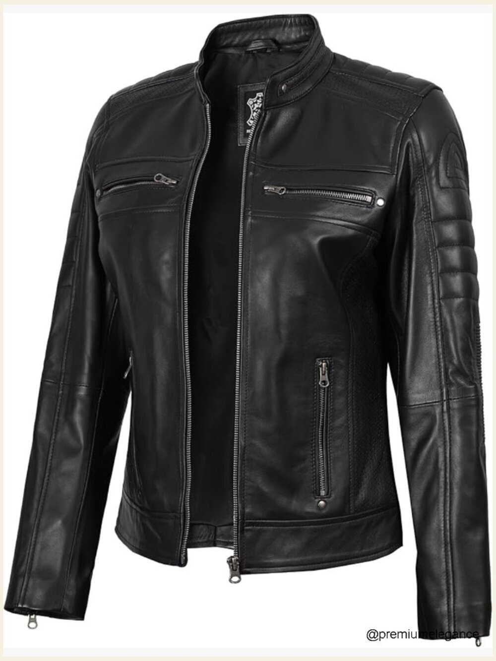 Real Lambskin Leather Jacket Women's Cafe Racer Style with Quilted Shoulders